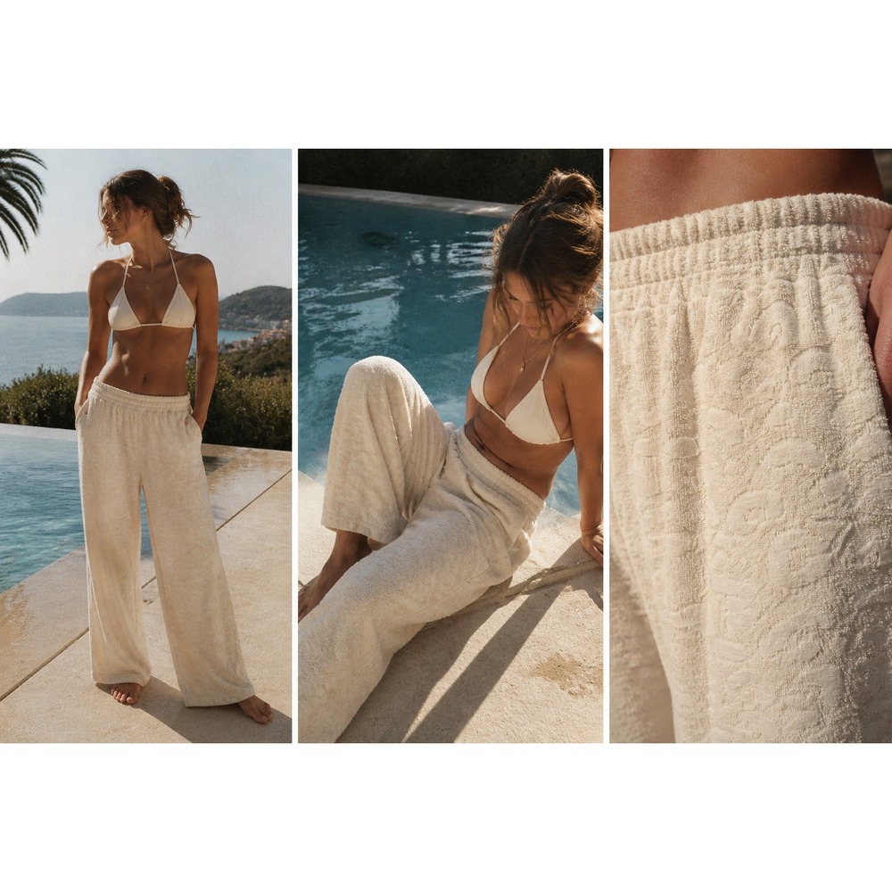 Belle Beach Kim Gravel Poolside Terry Jacquard Cream Wide Leg Lounge Resort L